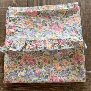 Vintage Laura Ashley Shower Curtain Floral Ruffle Pink Blue Cottagecore Shabby